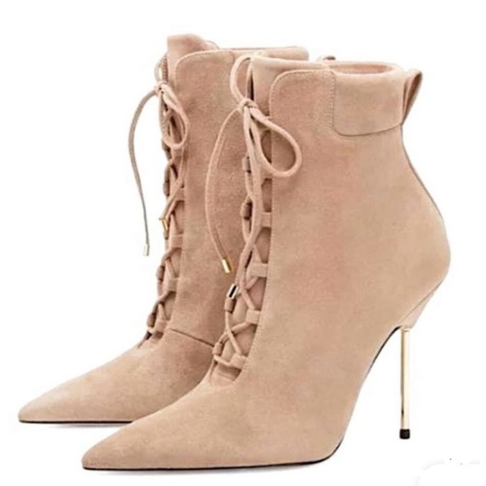 Good American Suede Lace-Up Stiletto Ankle Boots color Stone - Picture 4 of 16